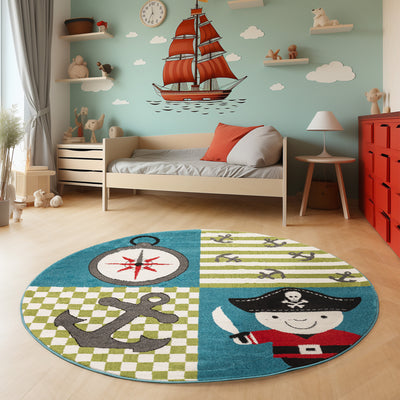 Teppich Kinderzimmer Piraten-Kompass-Anker-Leuchtturm Design Kurzflor Kinderteppich mädchen Spielteppich Modern Design Babyzimmer Teppiche für Junge und Mädchen Extra Weich und Antiallergen
