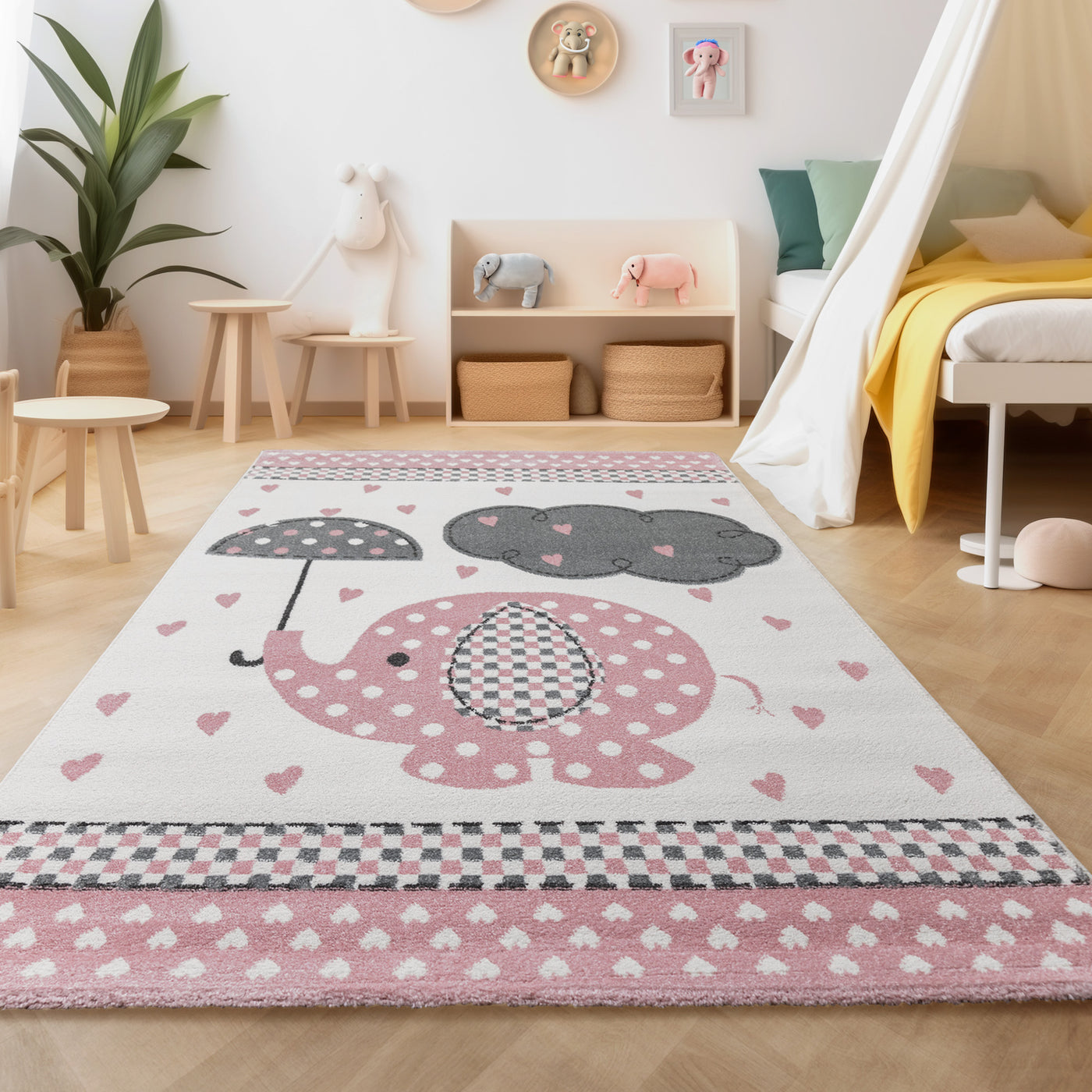 Teppich Kinderzimmer Elefanten-Design Kurzflor Kinderteppich mädchen Spielteppich Modern Design Babyzimmer Teppiche für Junge und Mädchen Extra Weich und Antiallergen