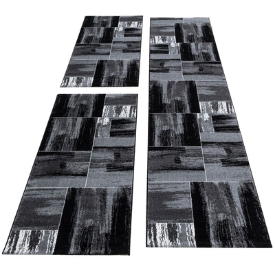 Bettumrandung Teppich Kariert Muster Abstrakt Patchwork Optik 3 teilig Läufer Set Schlafzimmer Flur Grau Schwarz Weiß