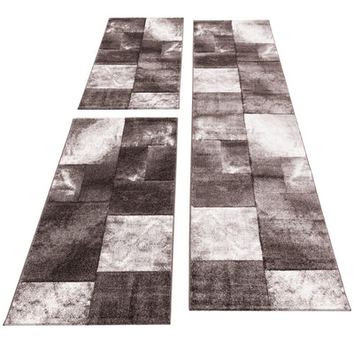 Bettumrandung Läufer Teppich Modern Designer Läuferset Kariert Linien Muster Meliert 3 Teilig Brown Beige Creme