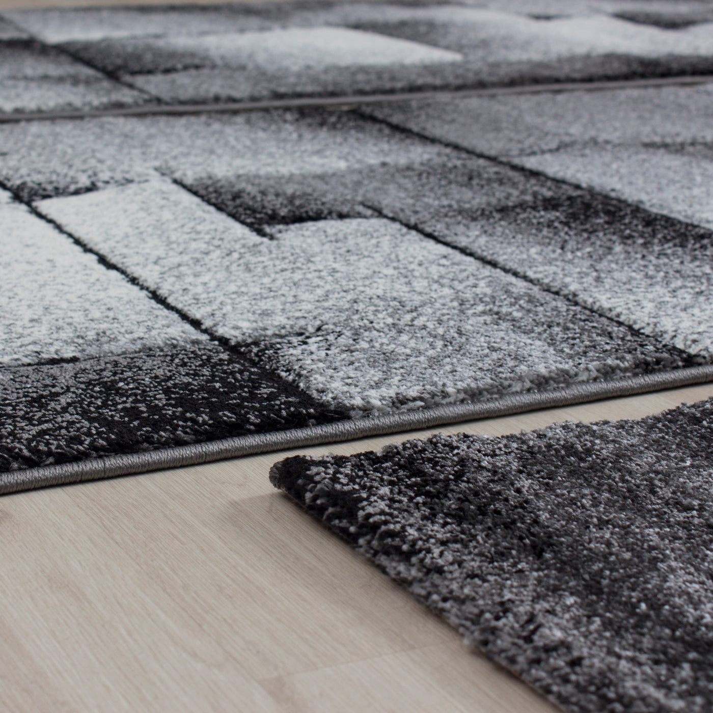 Bettumrandung Läufer Teppich Modern Designer Läuferset Kariert Linien Muster 3 Teilig Schwarz Grau Weiß