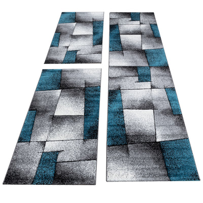 Bettumrandung Läufer Teppich Modern Designer Läuferset Kariert Linien Muster 3 Teilig Schwarz Grau Blau Weiß