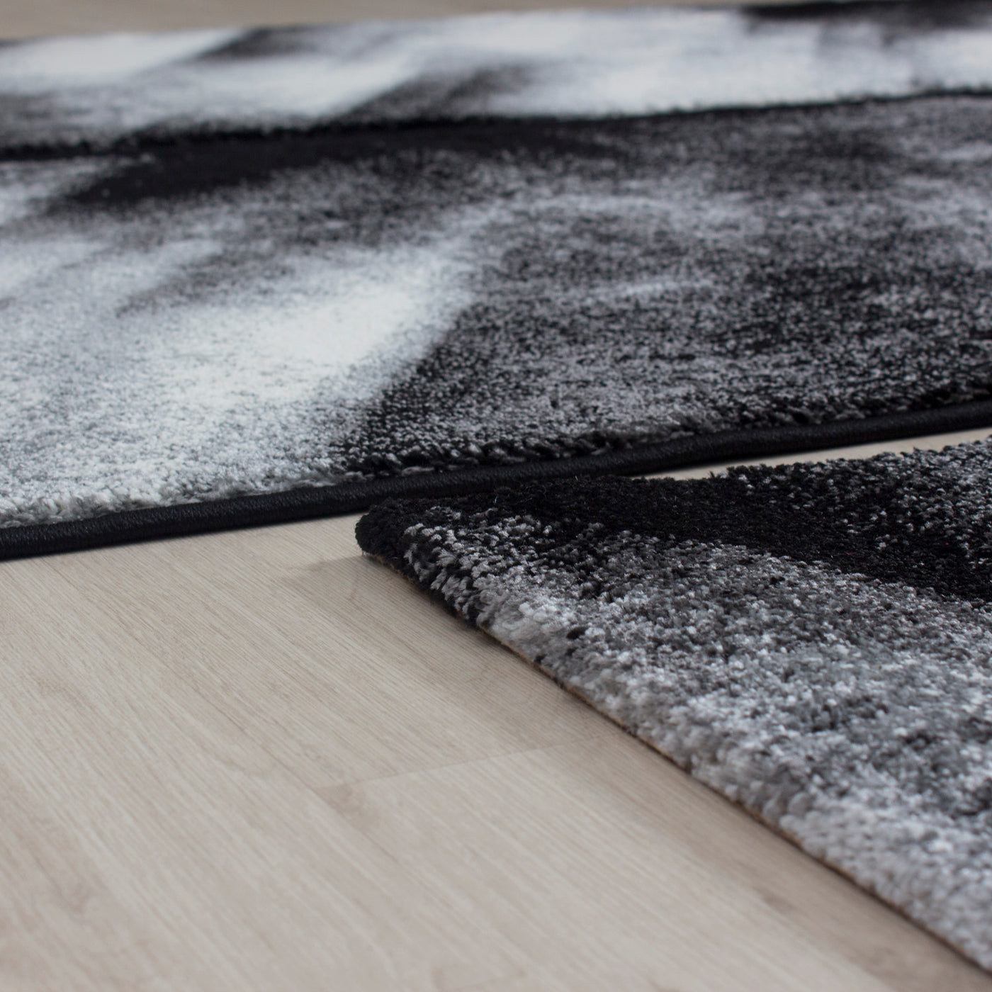 Bettumrandung Teppich abstrakt Schatten Optik 3 teilig Läufer Set Schlafzimmer Flur Grau Schwarz Weiß meliert