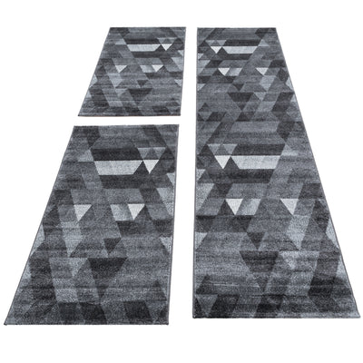 Bettumrandung Teppich abstrakt Kariert Dreieck 3 teilig Läufer Set Schlafzimmer Flur Grau meliert
