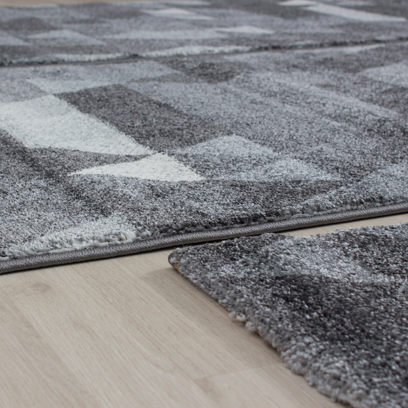 Bettumrandung Teppich abstrakt Kariert Dreieck 3 teilig Läufer Set Schlafzimmer Flur Grau meliert