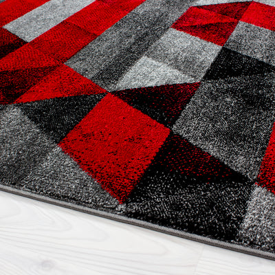 Bettumrandung Teppich abstrakt Kariert Dreieck 3 teilig Läufer Set Schlafzimmer Flur Grau Rot  meliert