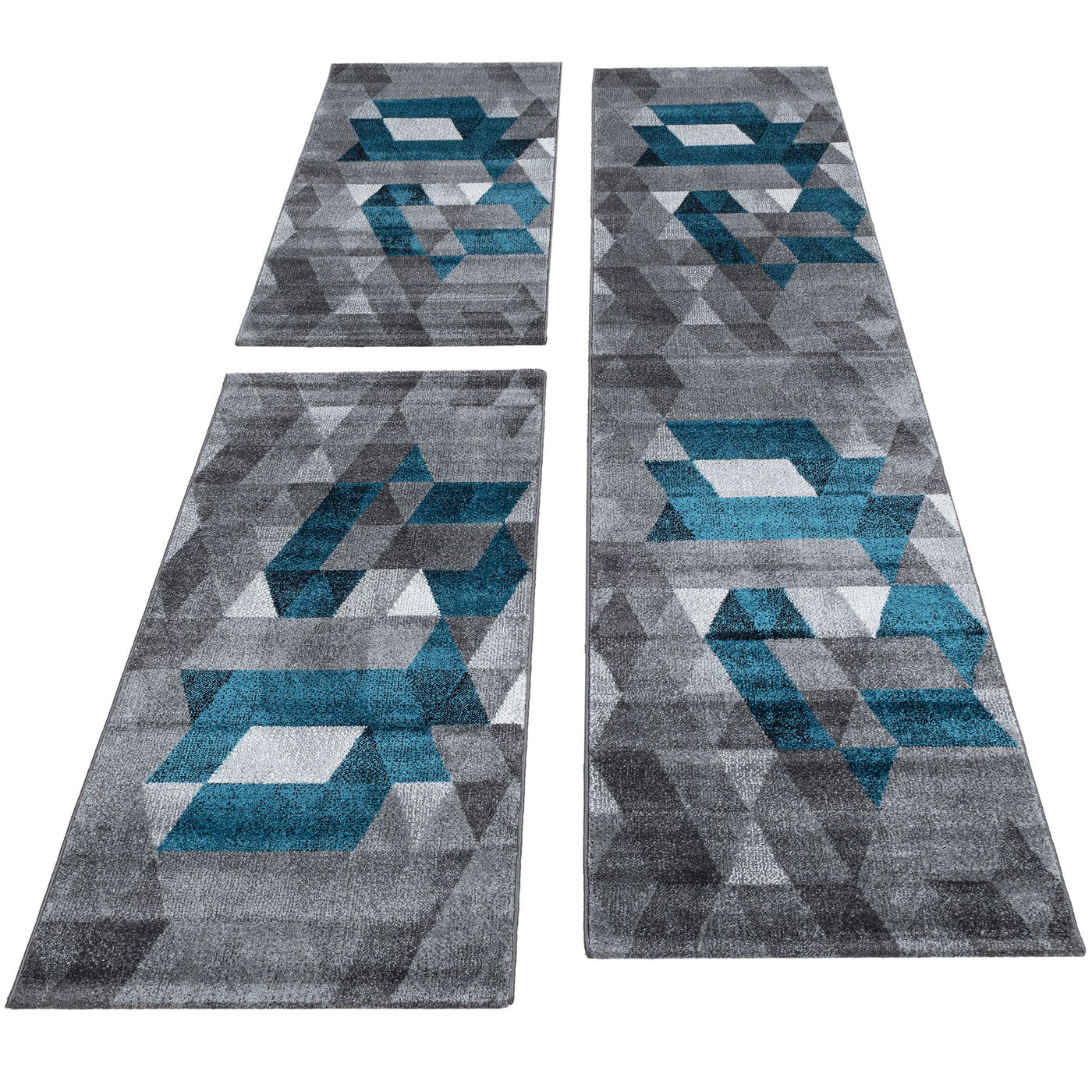 Bettumrandung Teppich abstrakt Kariert Dreieck 3 teilig Läufer Set Schlafzimmer Flur Grau Türkis meliert