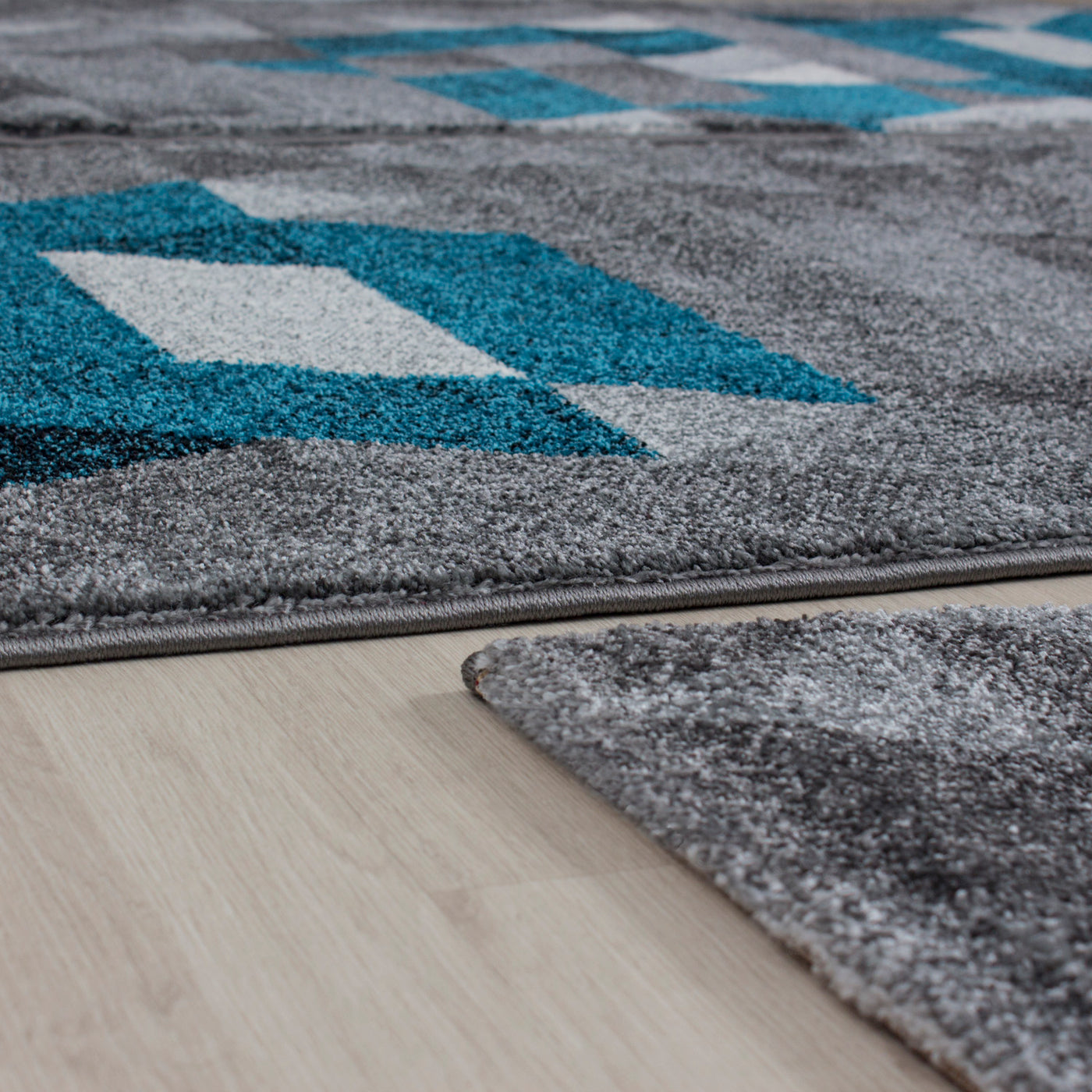Bettumrandung Teppich abstrakt Kariert Dreieck 3 teilig Läufer Set Schlafzimmer Flur Grau Türkis meliert