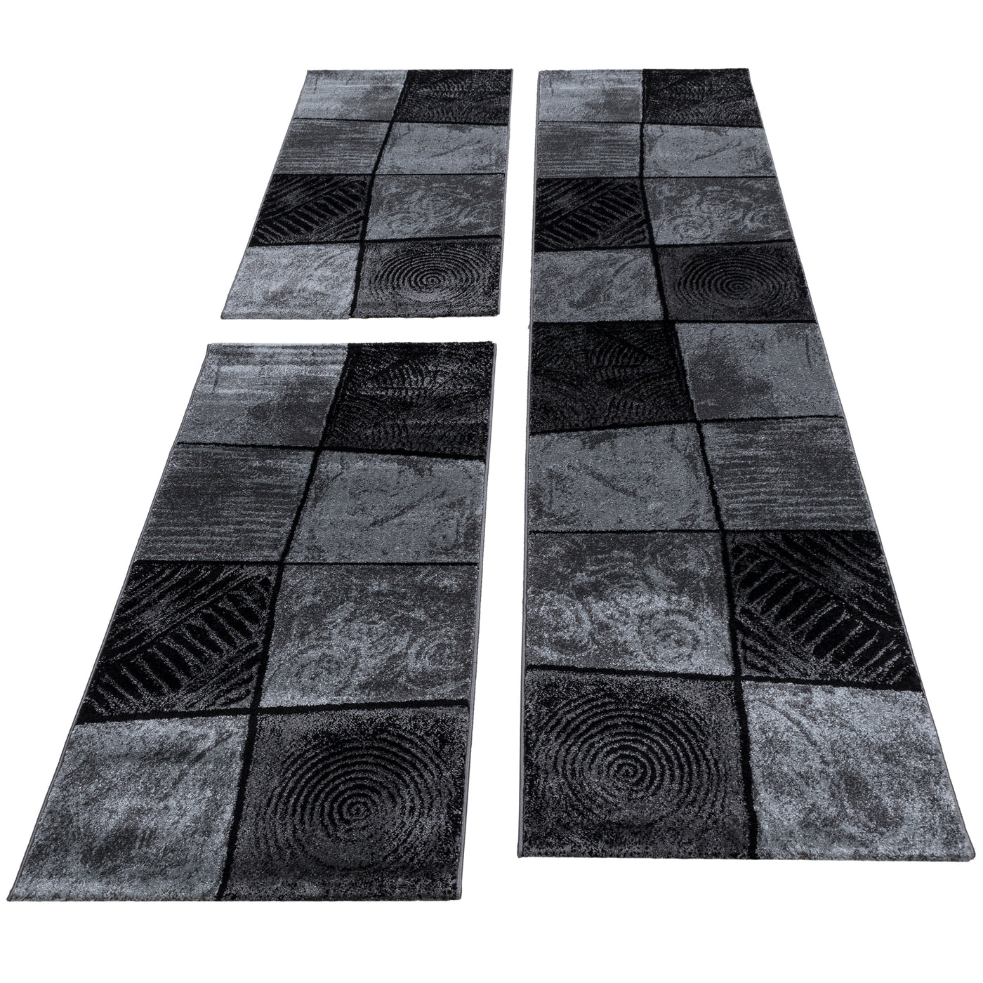 Bettumrandung Teppich abstrakt Karo Gemustert 3 teilig Läufer Set Schlafzimmer Flur Grau Schwarz meliert