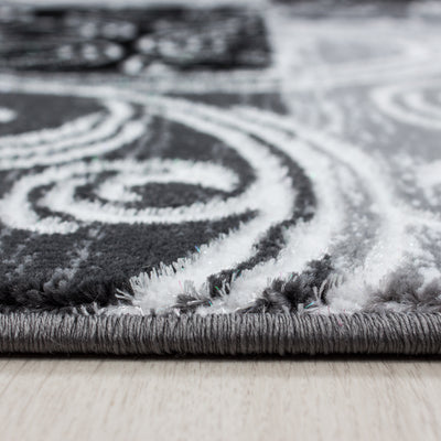 Moderner Design Konturschnitt  Bettumrandung Läufer Teppich Kariert Barok gemustert 3 tlg Schwarz Grau meliert