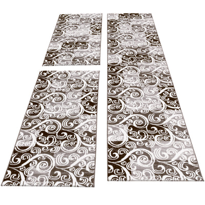 Moderner Design Konturschnitt Bettumrandung Läufer Teppich Kariert Barok gemustert 3 tlg Braun Beige meliert