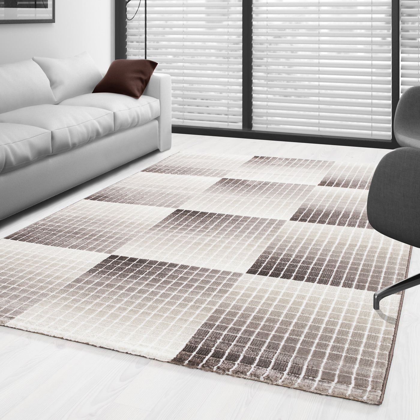 Designer Teppich Modern Wohnzimmer Kurzflor Karo Muster Mosaik Optik Meliert Braun Beige Creme