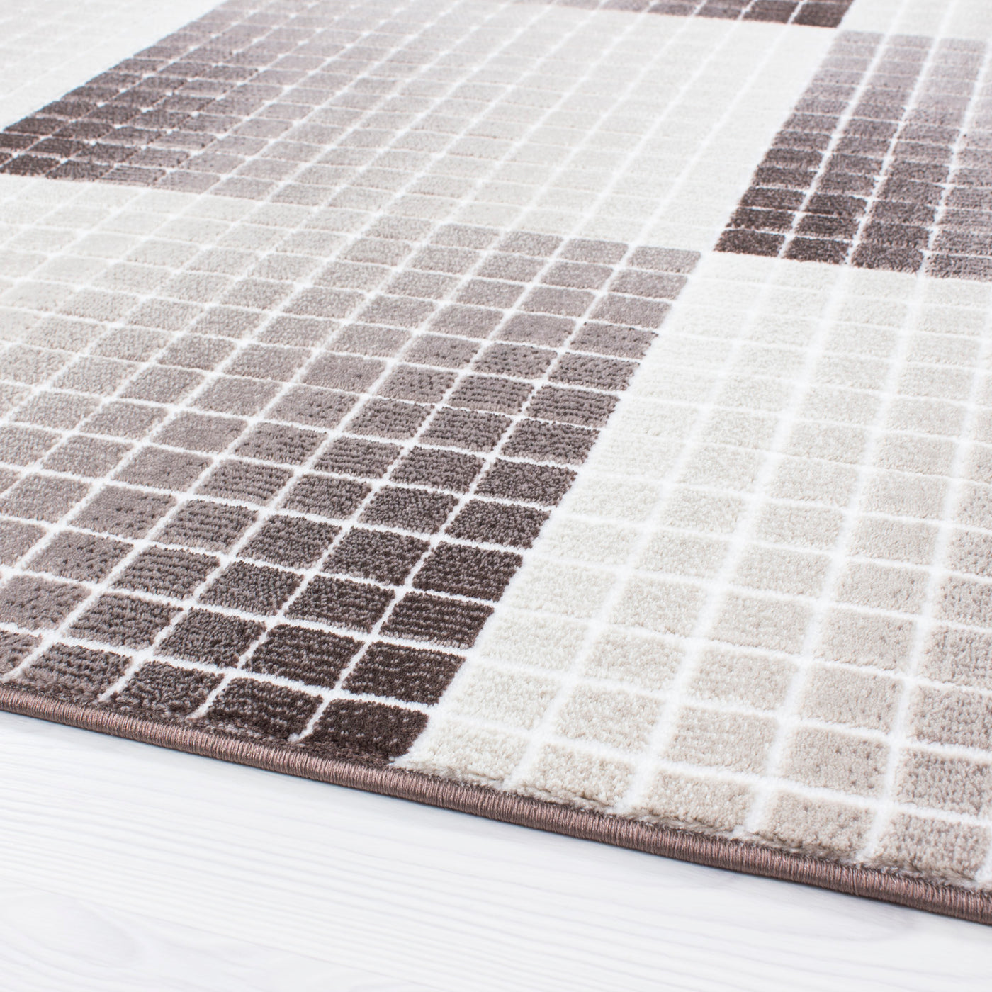 Designer Teppich Modern Wohnzimmer Kurzflor Karo Muster Mosaik Optik Meliert Braun Beige Creme
