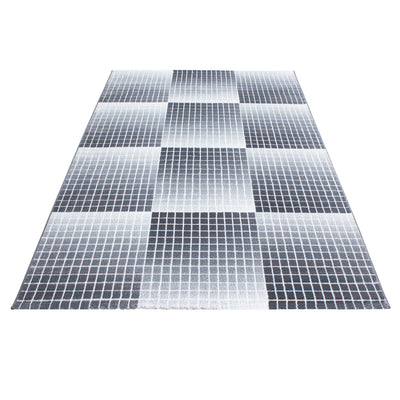 Designer Teppich Modern Wohnzimmer Karo Muster Kurzflor Mosaik Optik Meliert Grau Weiß