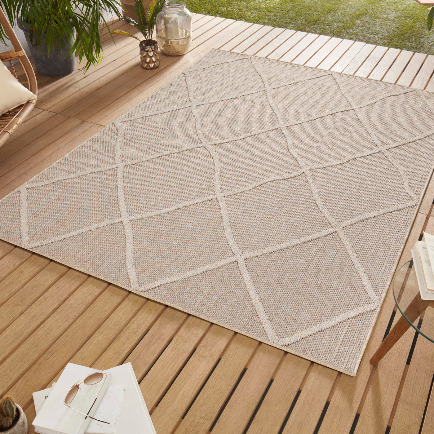 In- Outdoor Teppich Einfarbig Skandinavisch Boho Rauten Muster Flachgewebe  Beige|SIMRUG.DE –