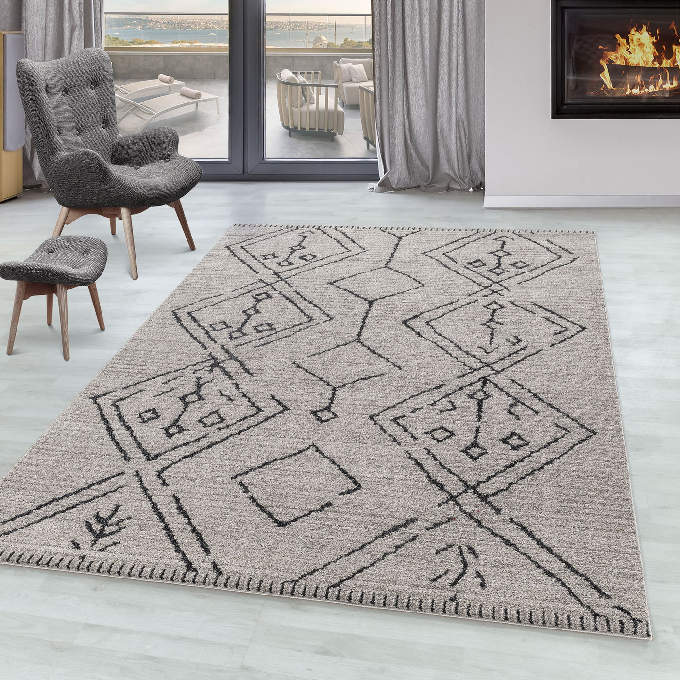Kurzflor Teppich FES Wohnzimmer Berber Design Traditionell Pflegeleicht