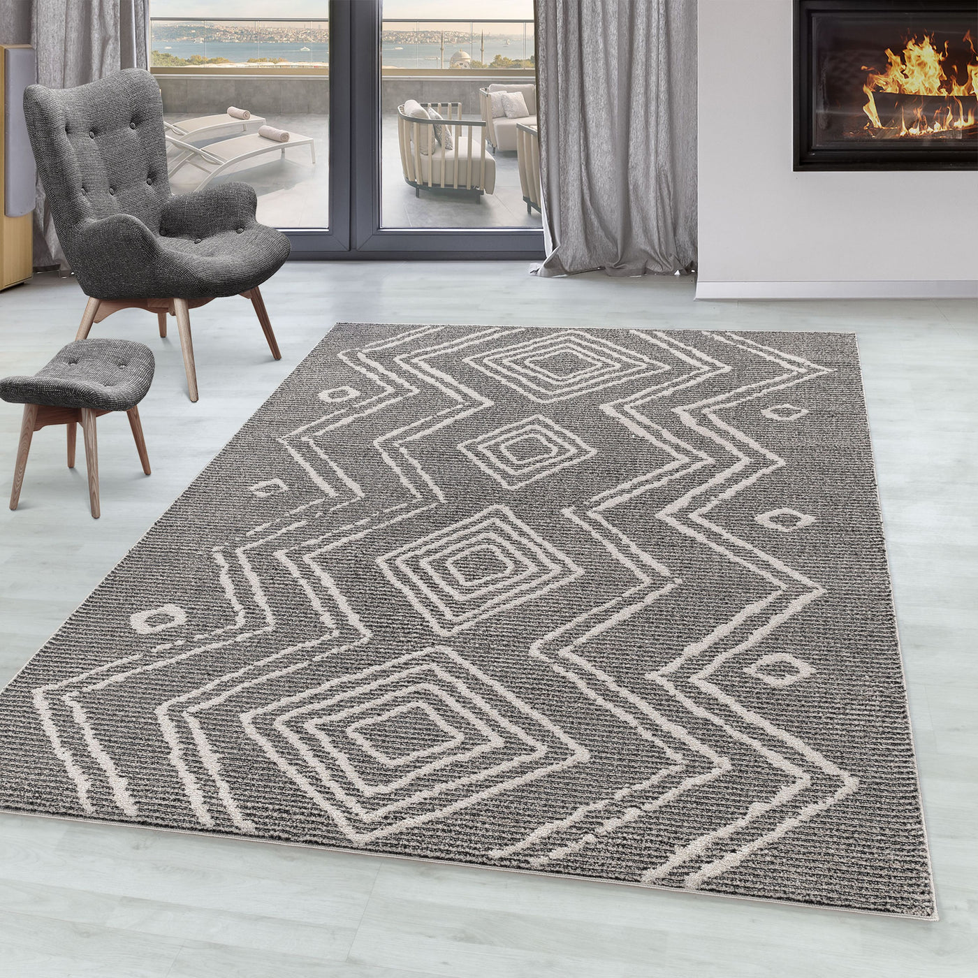 Kurzflor Teppich FES Wohnzimmer Berber Design Modern Gemustert Pflegeleicht
