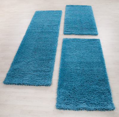 Bettumrandung Schaffel Teppich Läuferset 3 teilig Hochflor Einfarbig Langflor Schlafzimmer Flur Farbe Blau