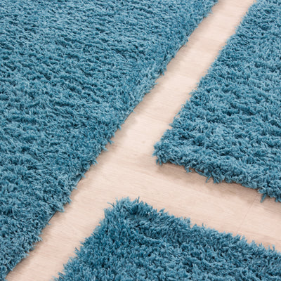 Bettumrandung Schaffel Teppich Läuferset 3 teilig Hochflor Einfarbig Langflor Schlafzimmer Flur Farbe Blau