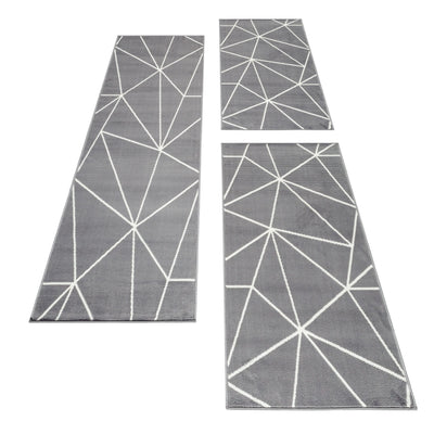Teppich Läufer Set Schlafzimmer Kurzflor Weich Bettumrandung Grau Dreieck Motiv