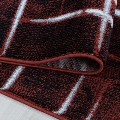 Teppich Läufer Set Schlafzimmer Kurzflor Weich Bettumrandung Gitter Design Rot